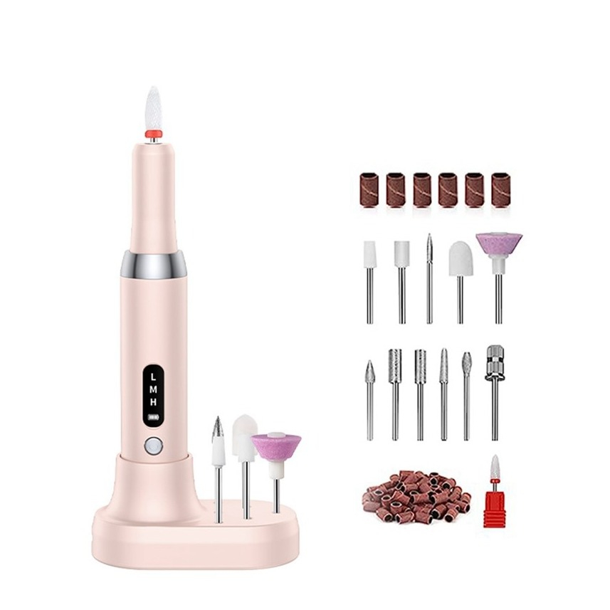 12in1 Elektrische USB Nagelfräse Nagelpflege Polierwerkzeug Maniküre Pediküre Set inkl. Ladestation - Rosa
