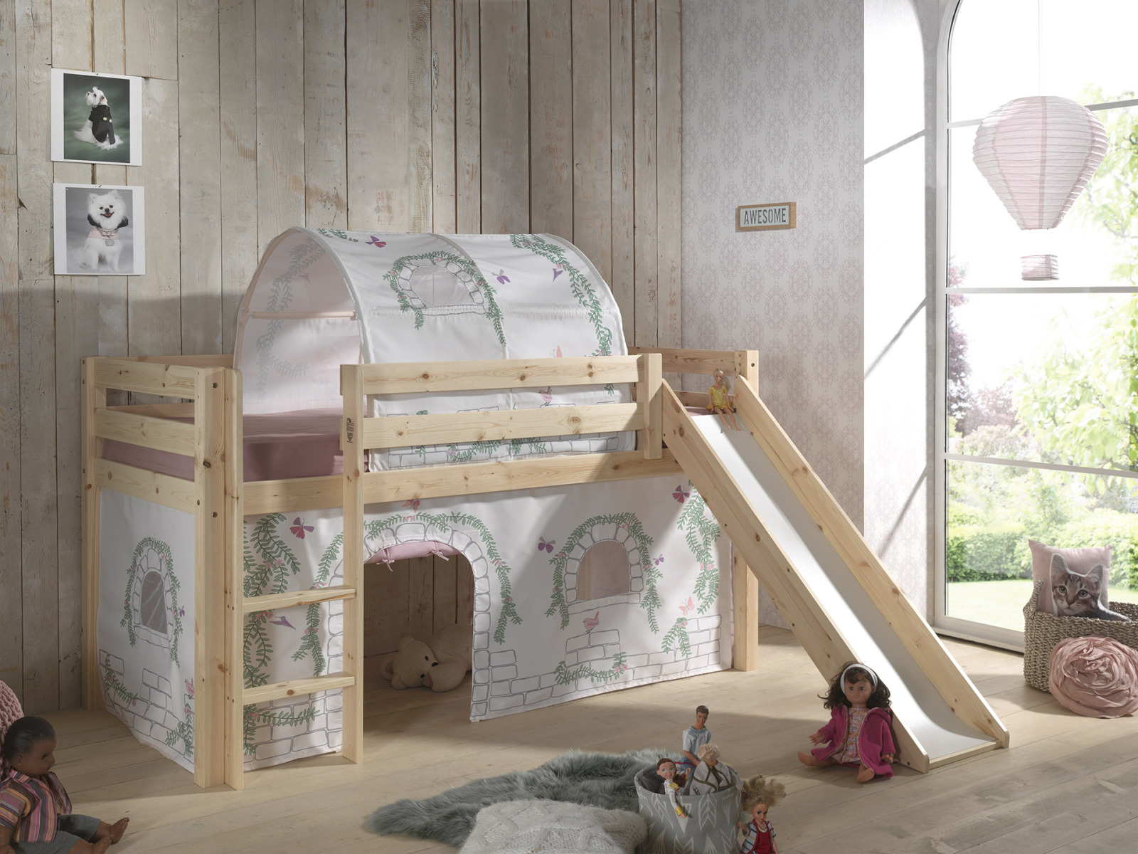 Spielbett PINO mit Rutsche und Vorhang BIRDY - natur - mit Tunnel - 90x200 cm
