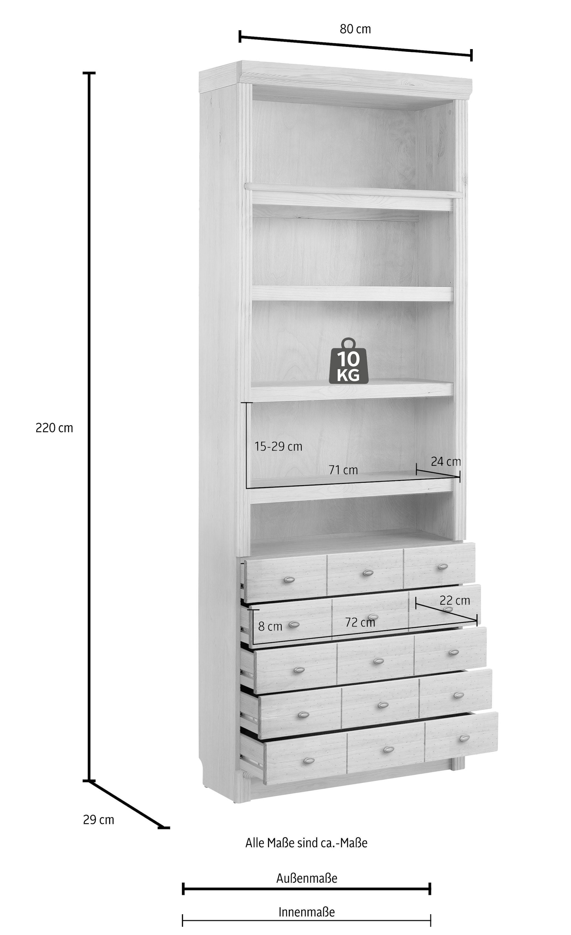 Home affaire Bücherregal »Soeren« aus massiver Kiefer, in 2 Höhen, Tiefe 29 cm, mit 5 Schubkästen