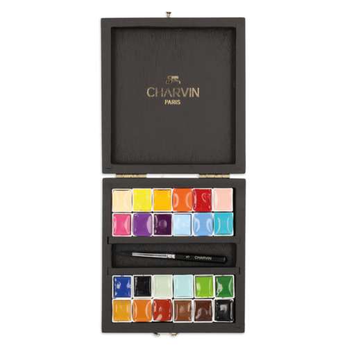 CHARVIN extrafeine Aquarellfarbe, 24 halbe Näpfchen, Holzkasten