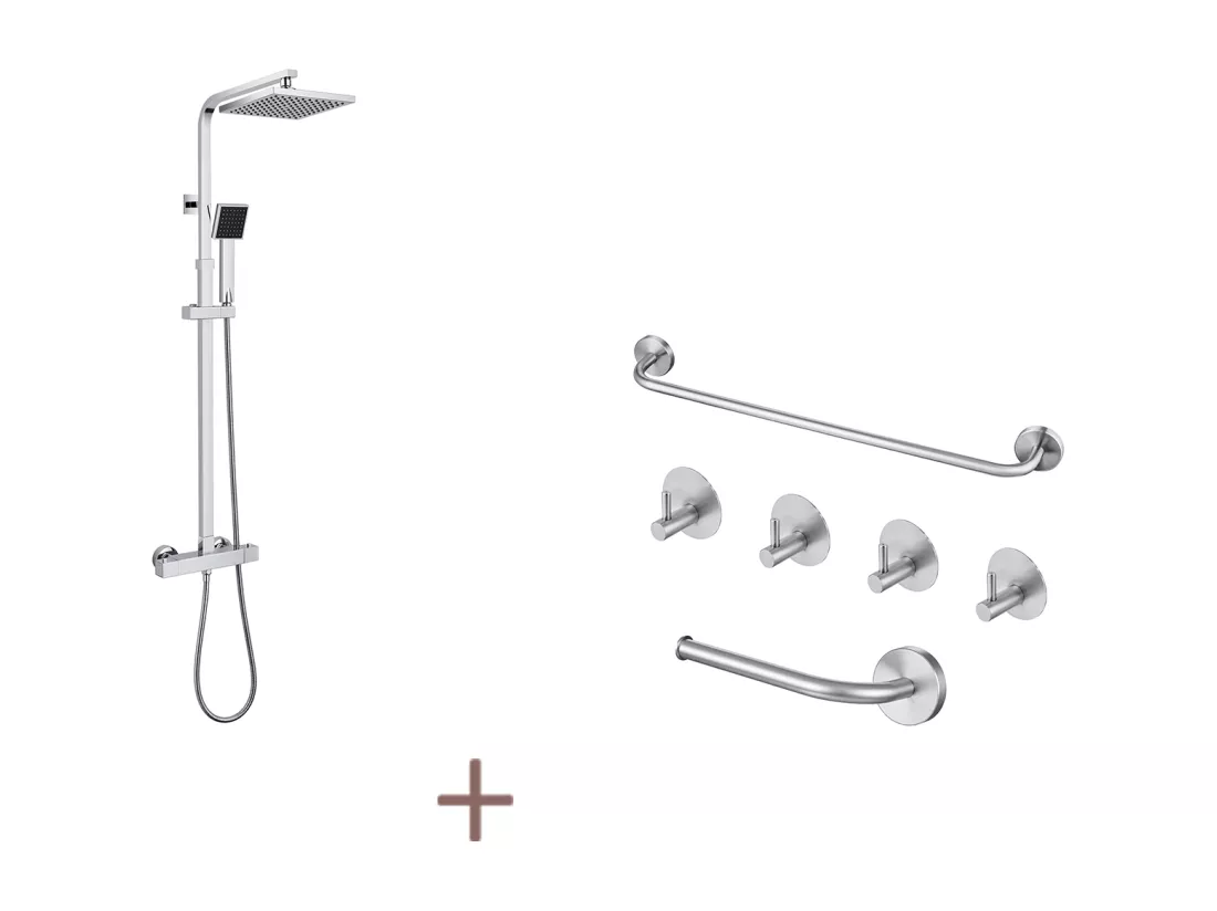 Auralum max Colonne de Douche Thermostatique Carré,Système de Douche Corps en Laiton+Ensemble Salle Bain Accessoire 6 Pièces,Inox,Brossé