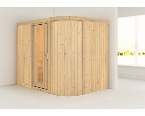 Elementsauna Karibu Korall IV zonder oven en dakrand, met houten deur en isolatieglas, thermisch geïsoleerd