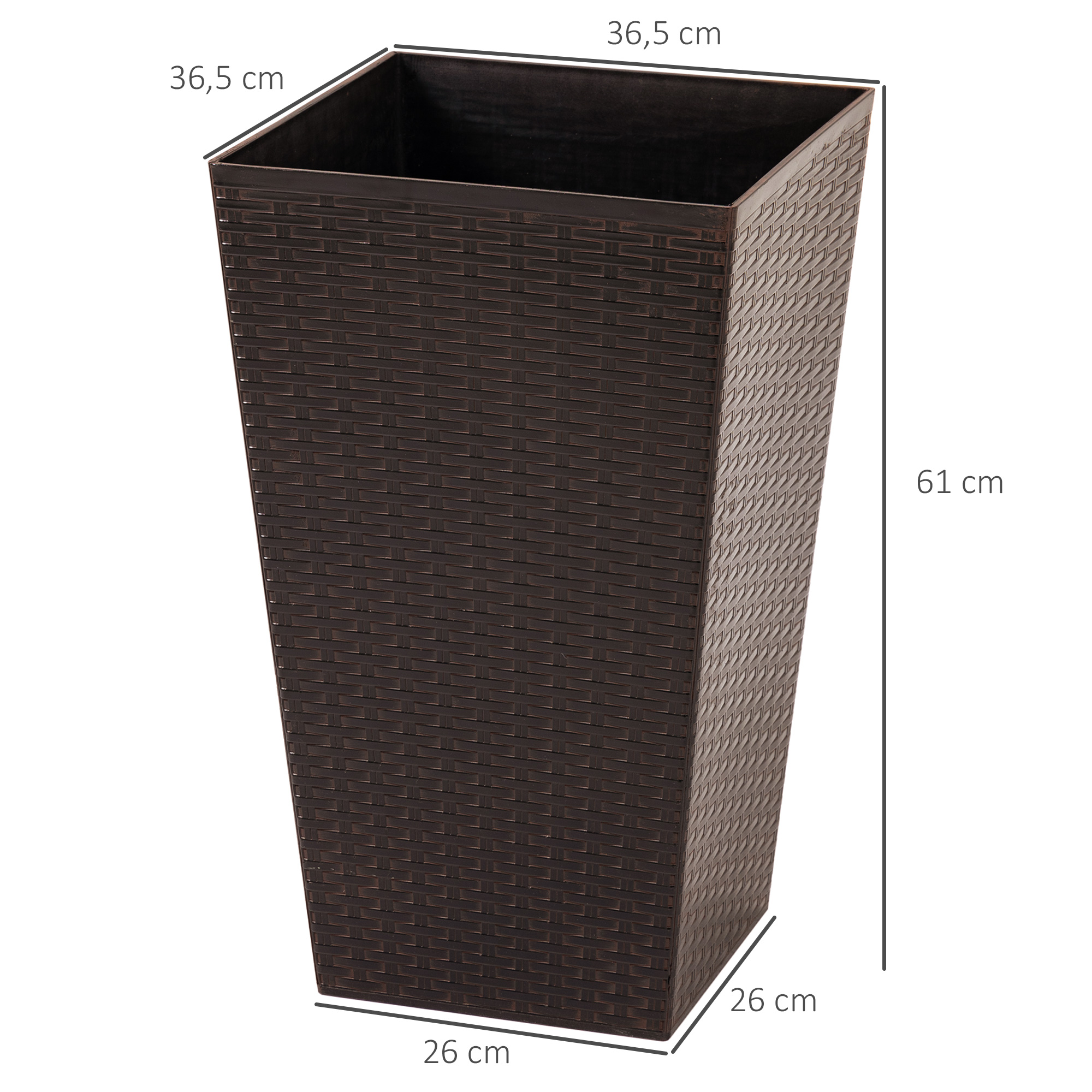 Conjunto Outsunny de 3 vasos quadrados para plantas e flores, com efeito rattan, ideais para jardim, pátio, uso interno e externo, 36,5 x 36,5 x 61 cm, marrom.
