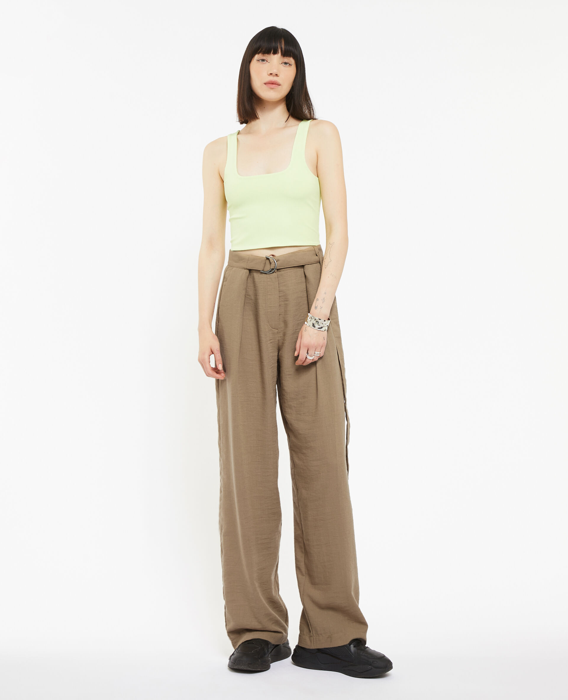 Pantalon large et droit effet lin - Camel