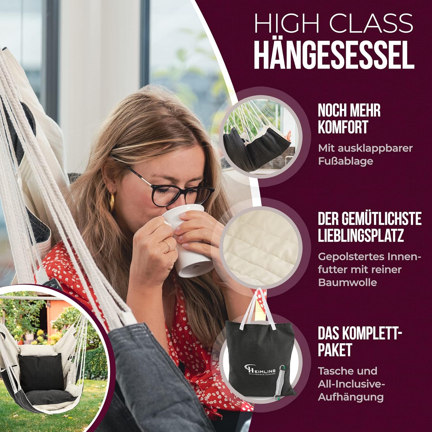 Hängesessel High-Class Outdoor & Indoor XXL [All Inclusive Paket mit Aufhängung + 3 Kissen] Kinder & Erwachsene bis 150 kg | Hängematte Wohn- Schlafzimmer, Garten Balkon Terrasse