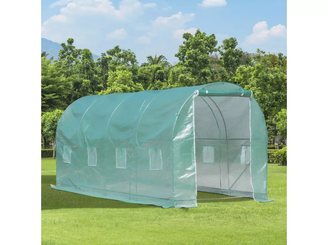 Serre de jardin tunnel surface sol 10 m² 5L x 2l x 2,10H m châssis tubulaire renforcé porte zippée 8 fenêtres enroulables vert