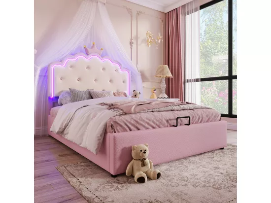 Lit rembourré 140 x 200 cm, avec lumière d'ambiance télécommandée, couronne de forme princesse, PU, rose