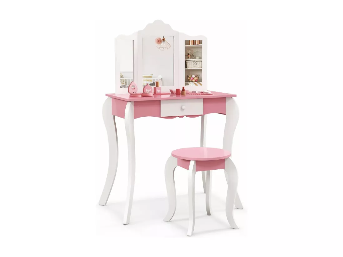 2 en 1 Coiffeuse Enfants avec Tabouret & Miroir Amovible à 3 Volets, Table de Maquillage avec Tiroir & Dispositif Anti-basculement, Charge 70/50kg pour Enfants de 3 Ans+