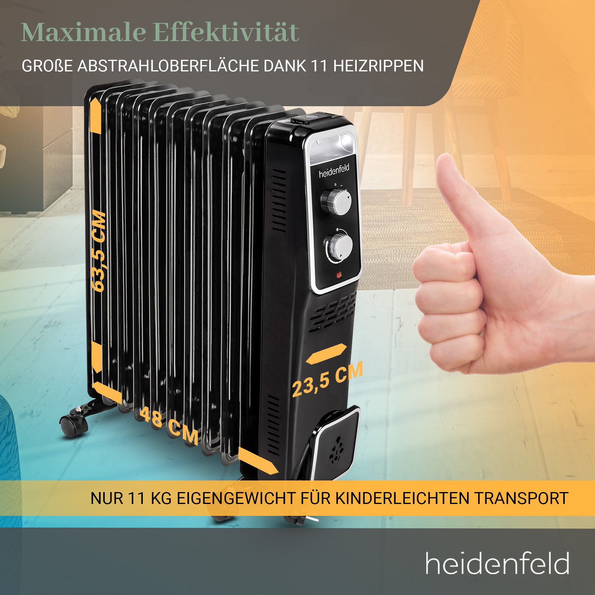 Heidenfeld Ölradiator ÖR100, Thermostat, 1000-2500 Watt, stufenweise Regulierung, 3 Jahre Garantie