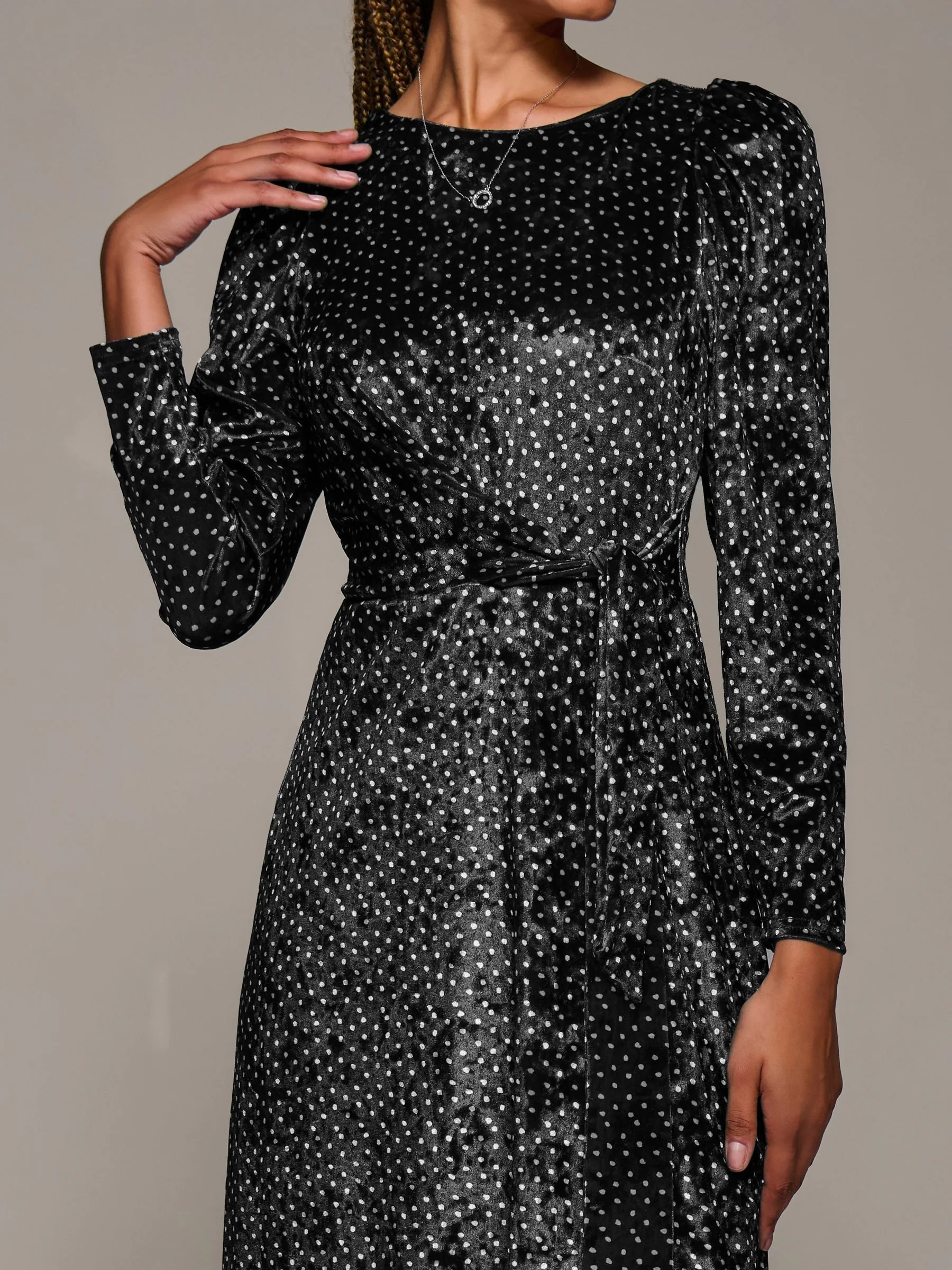 Jolie Moi Long Sleeve Velvet Tie Detail Midi Dress