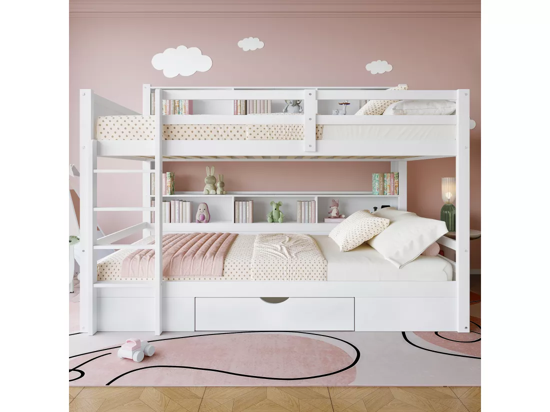 Lit superposé pour enfant 2x90x200cm - avec un tiroir et compartiments - Blanc