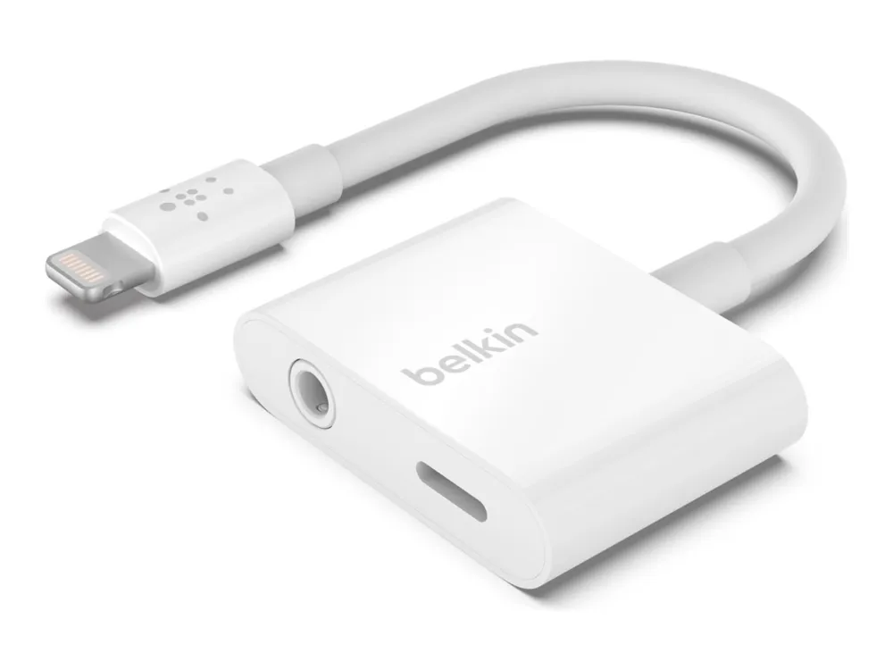 Belkin 3.5 mm Audio   Charge RockStar - Lightning til hovedtelefon-jackstik/opladningsadapter - Lightning (han) til 4-pæl ministik, Lightning (hun) - hvid - for Apple iPad/iPhone (Lightning)