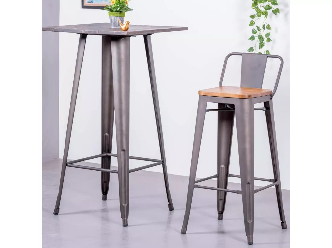 Tabouret industriel en acier vieilli avec dossier bas et assise en bois - Bistro - Antique