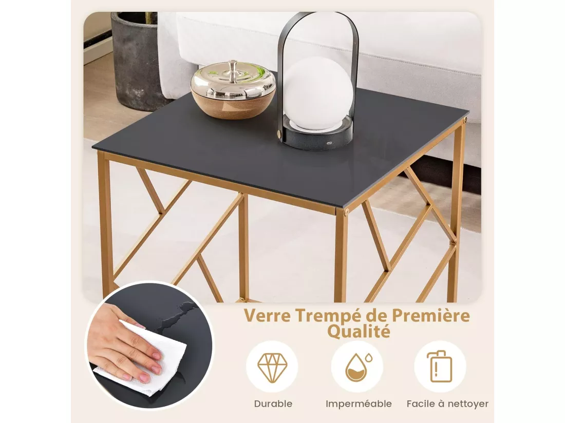 Table d'appoint carrée, plateau en verre trempé, cadre géométrique doré, 50 x 50 x 55 cm