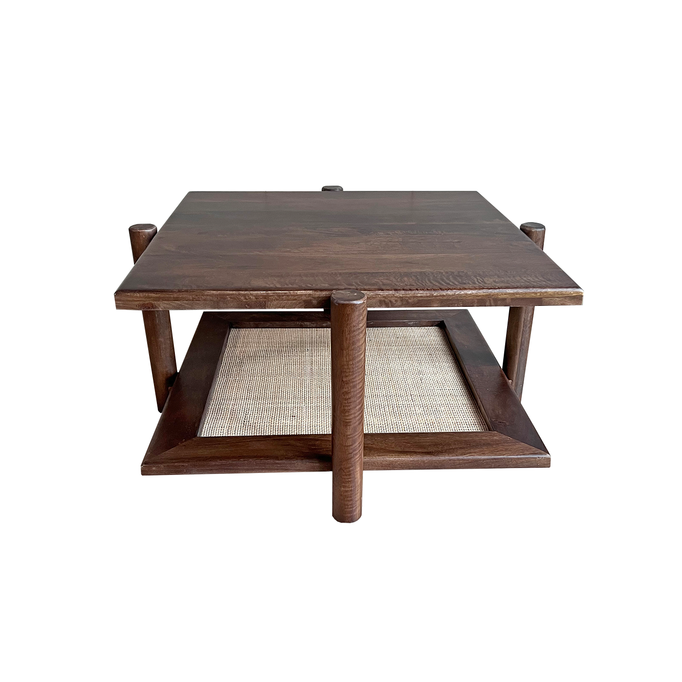 Mango salontafel walnoot met rotan vierkant