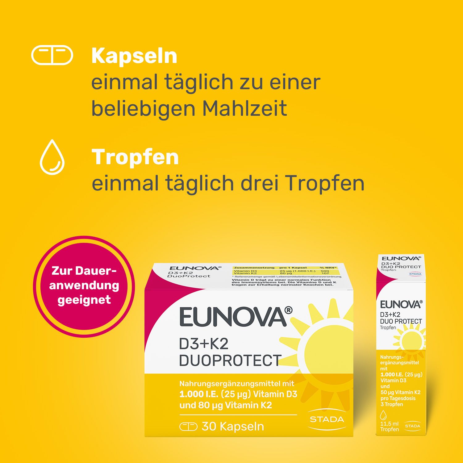 EUNOVA® D3 + K2 DuoProtect – 1.000 I.E.  Nahrungsergänzungsmittel zur normalen Funktion des Immunsystems & Erhaltung normaler Knochen