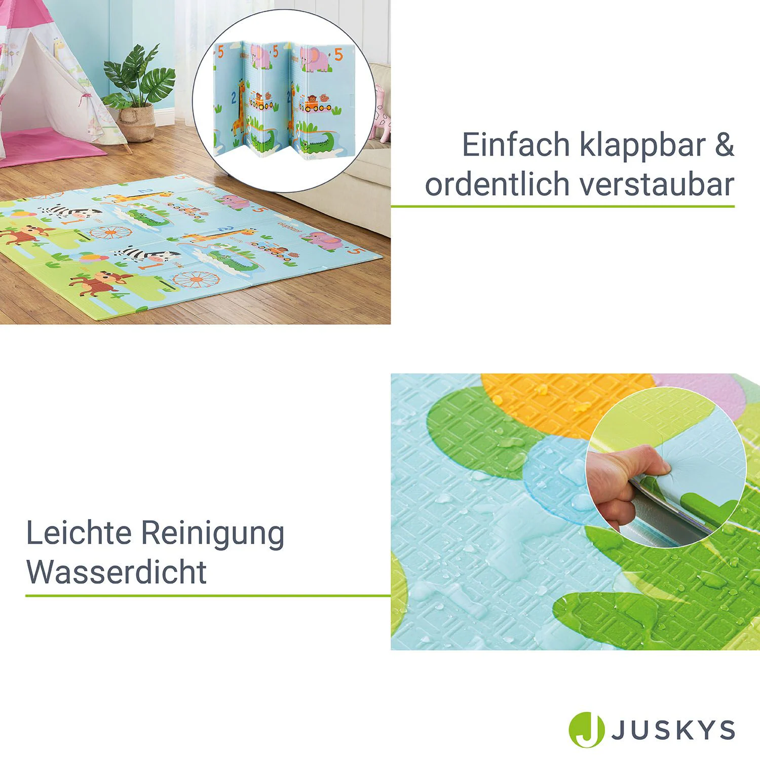 Juskys Kinder Spielmatte Stella 180x200 cm Tiere - XXL Matte Schaumstoff - faltbar & soft - Blau