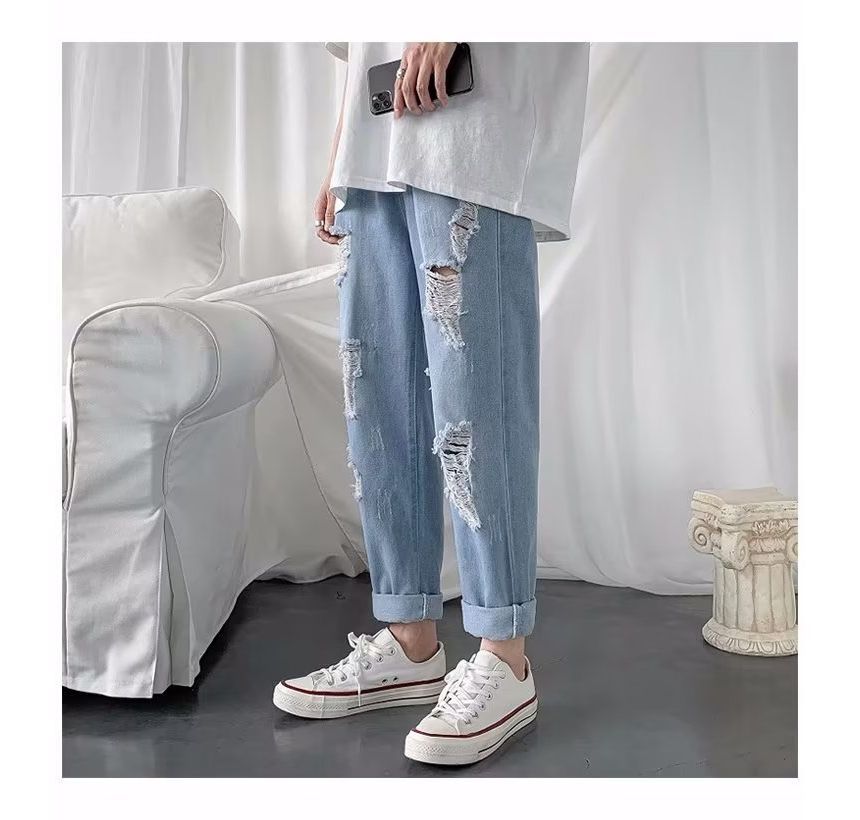 Ateso - Gewassen, versleten jeans met trekkoord in de taille, rechte pijpen