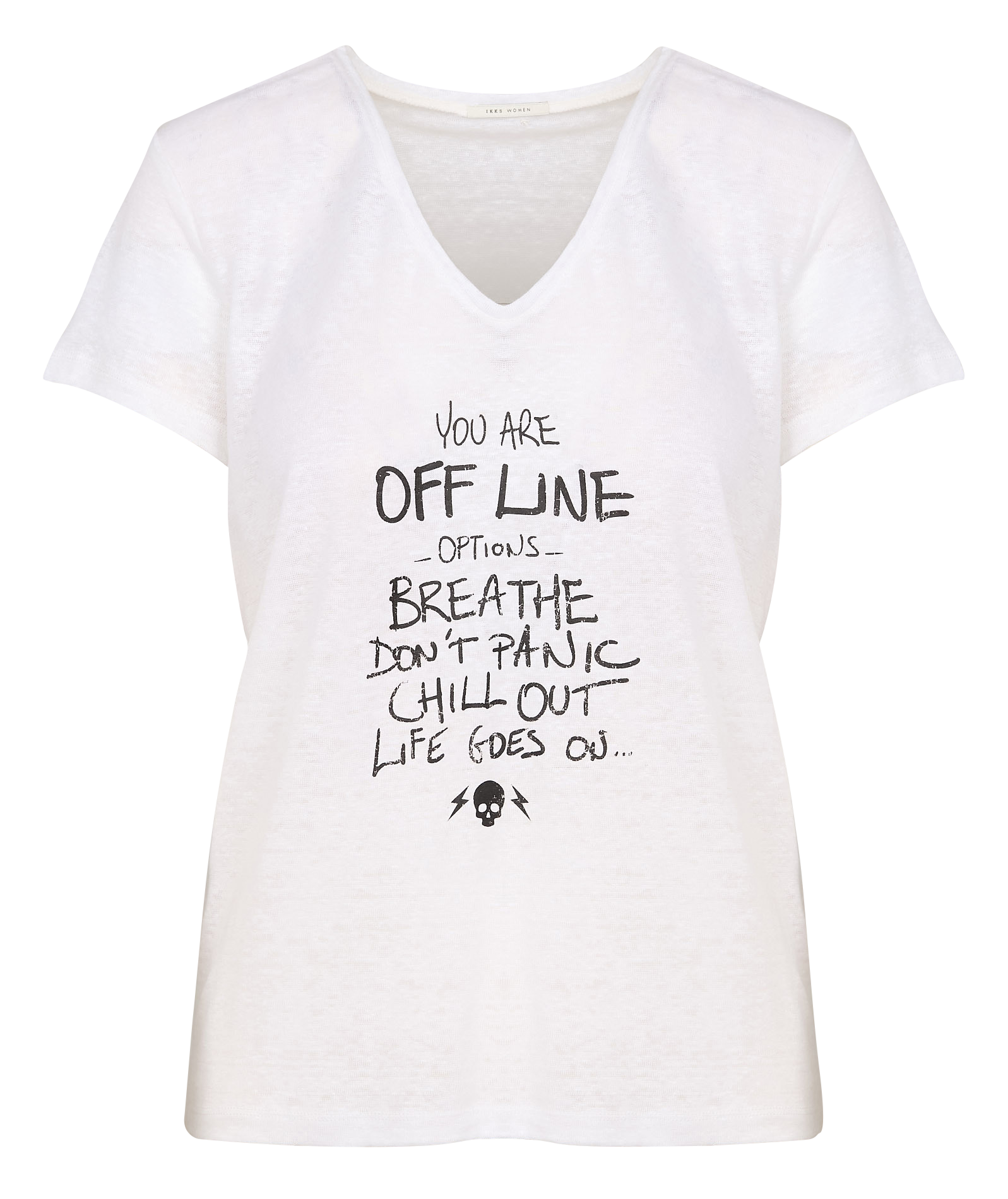 Tee-shirt col V droit en lin sérigraphié | Blanc