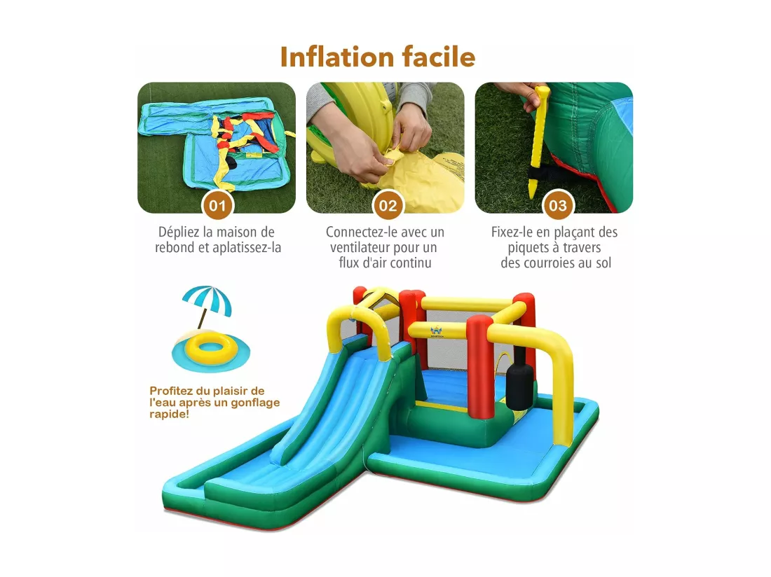 Château gonflable pour Enfants de 3-10 Ans avec Pataugeoire Toboggan Mur d’escalade Tunnel 470 x 370 x 190cm sans Gonfleur