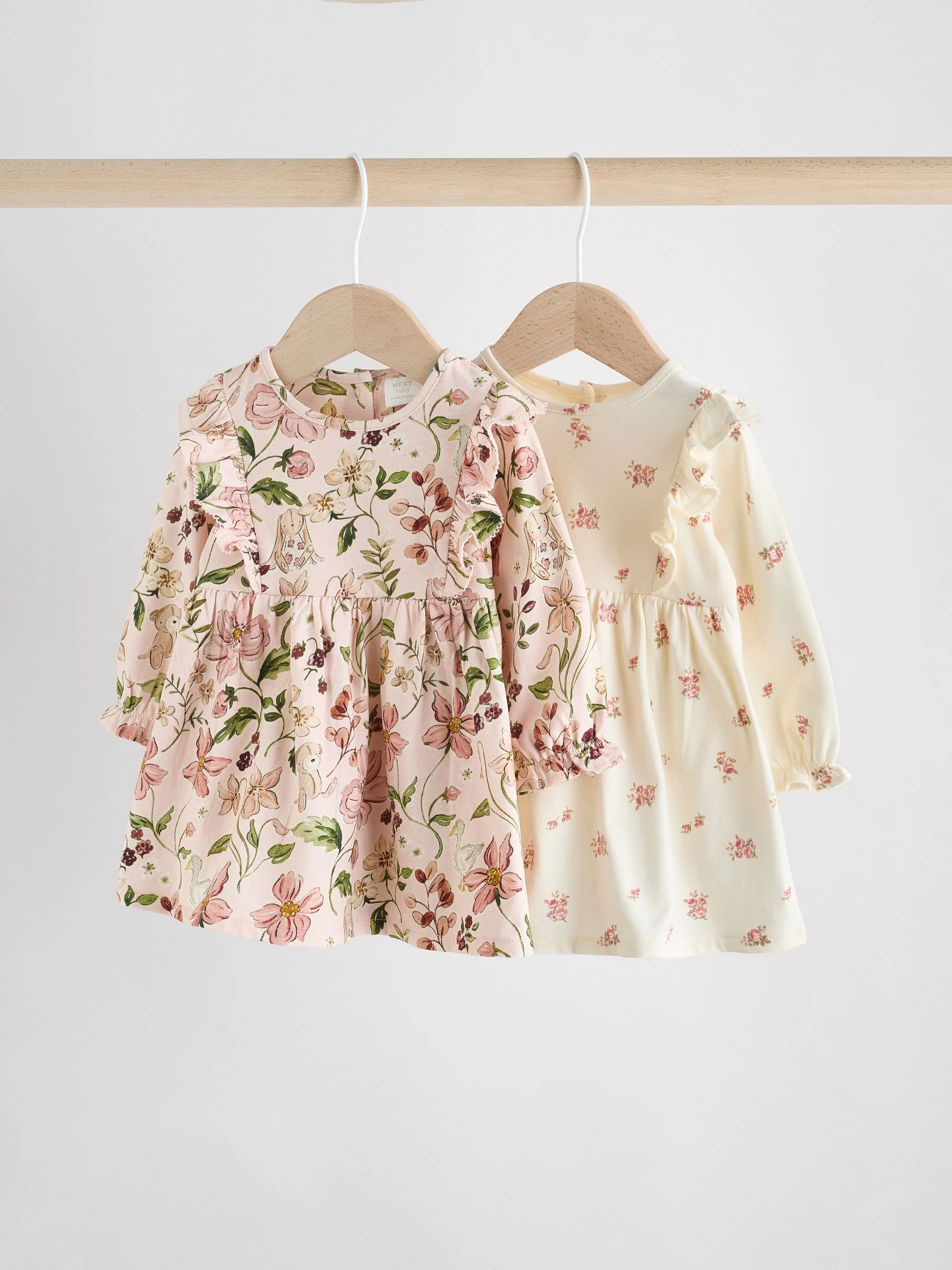 Roze bloemen/Crèmekleurige fijne bloemenprint - Verpakking van 2 jersey babyjurkjes (0 mnd-2 jr)