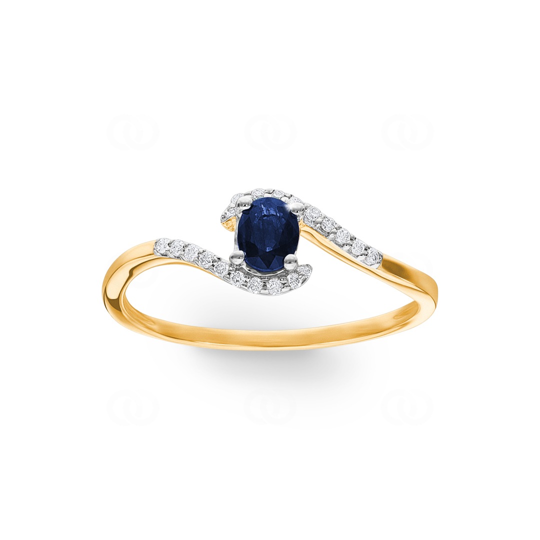 Damenring 750/18 K Gelbgold mit Saphir oval und Diamanten 0.07 ct H/si