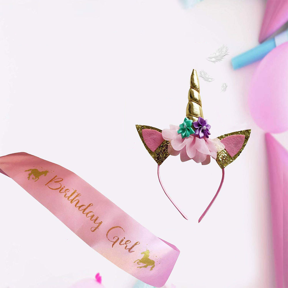 Kinder Party Haarreif Einhorn Ohren und Horn   Schärpe - Gold / Pink
