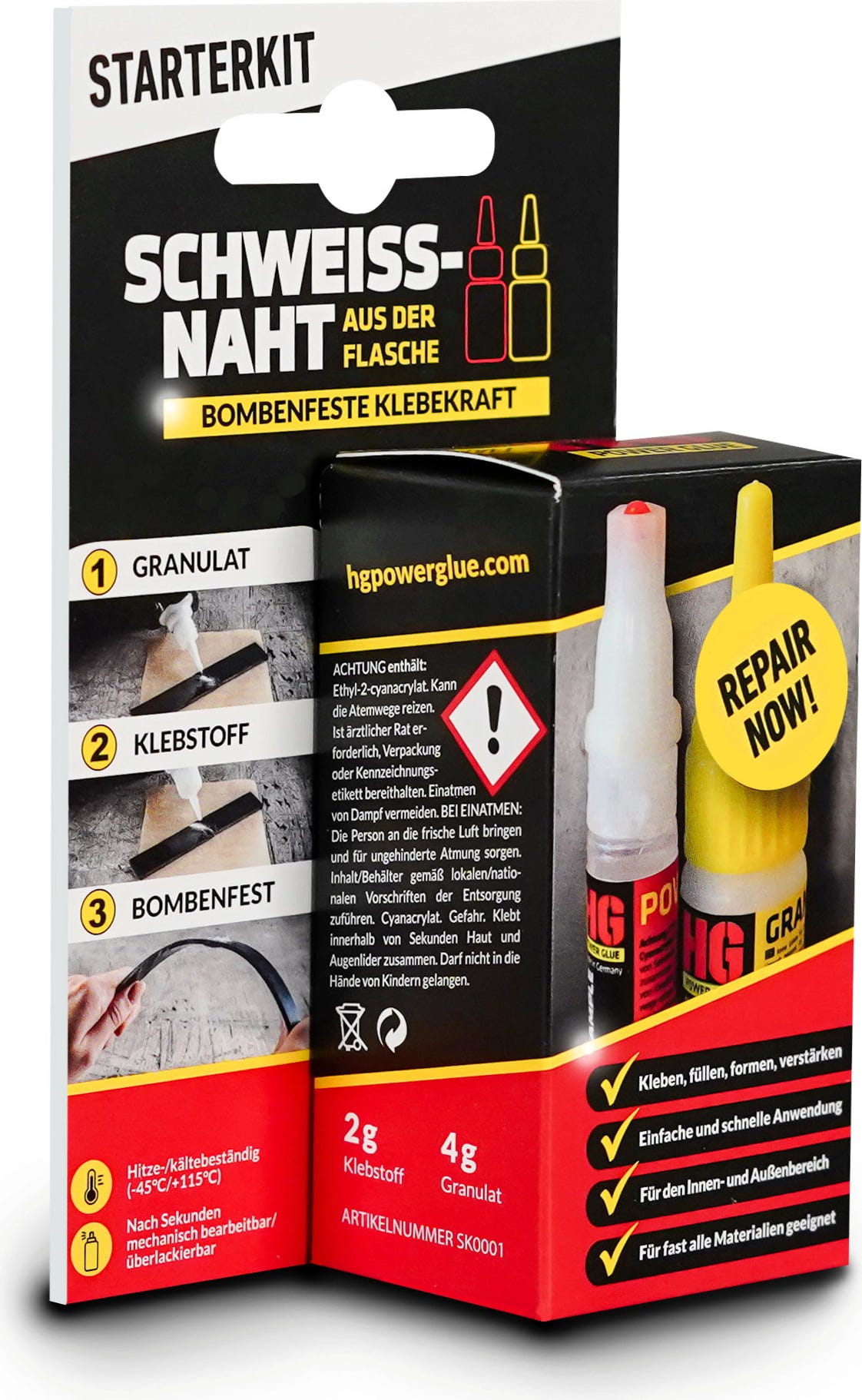 HG Power Glue  Schweissnaht aus der Flasche Starterkit, 2 g / 4 g    Hochleistungs-2-Komponenten-Klebstoff für extreme Reparaturen