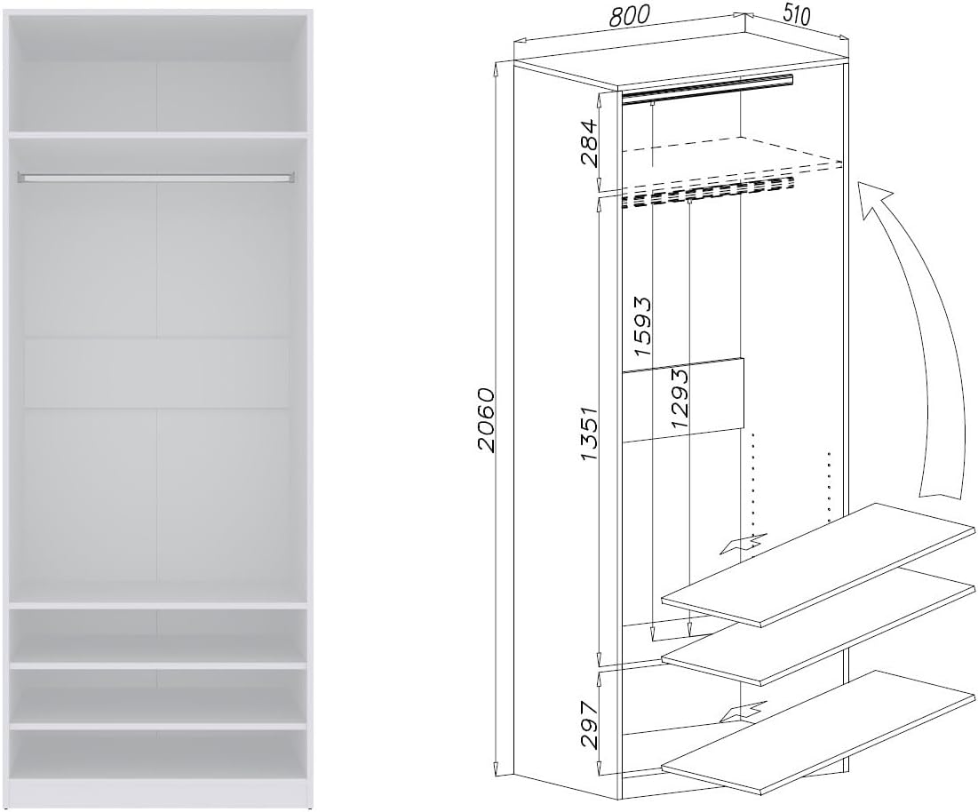 Marmex Garderobenschrank-Set TRES K, Hochschrank ohne Türen für das Schlafzimmer, Kleiderschrank mit Kleiderstangen, Einlegeböden für Kleidung, Schuhe 180x206x51 (weiß)