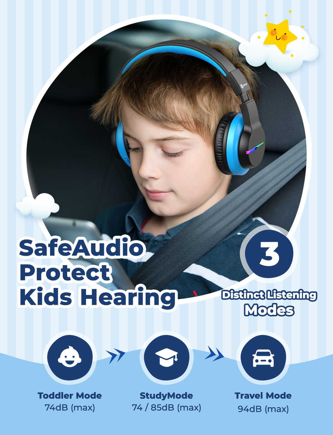 Headphone Kids BT LED Bluetooth Kopfhörer On-Ear 74/85/94dB Lautstärkeeinstellungen (C03-1702N-10) - Schwarz