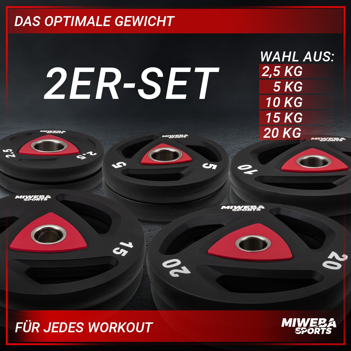 Miweba Sports Hantelscheiben Olympia, Ø 50/51 mm, 2er-Set, 2,5-20 kg, Hantel-Gewichte aus Stahl (2x 15,0 Kg)