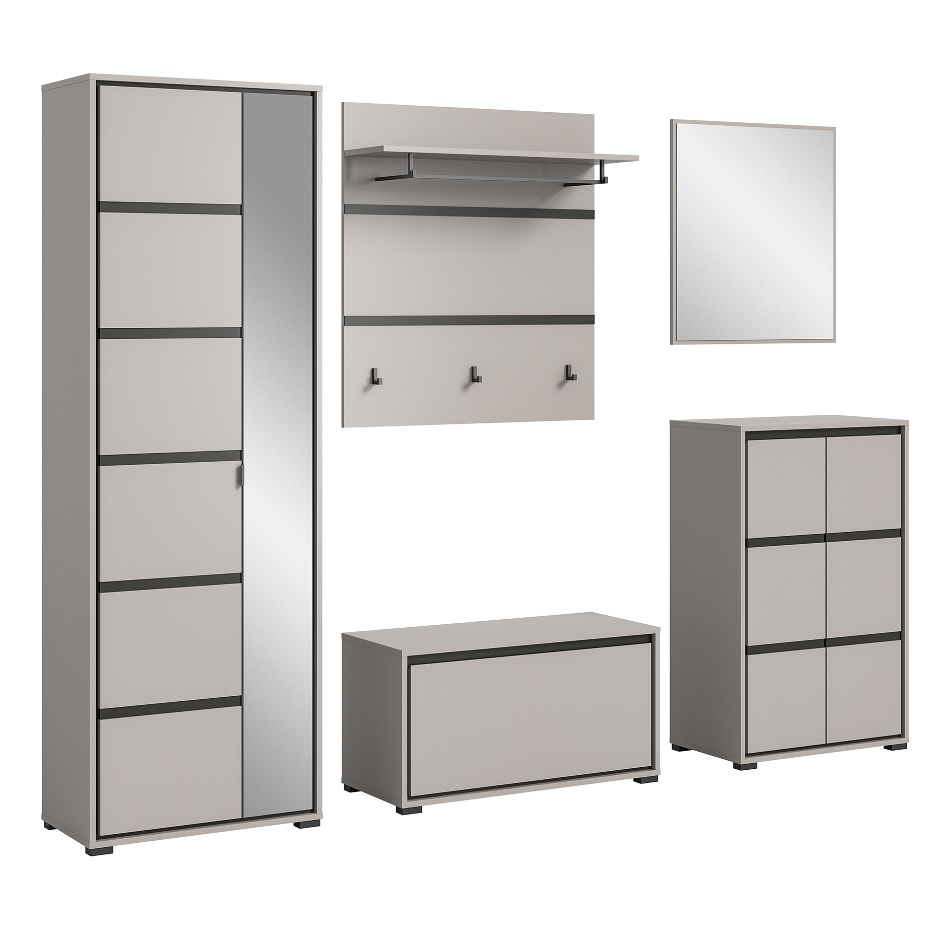 5-teiliges Set Garderobe JARU - grau-schwarz - mit Spiegel