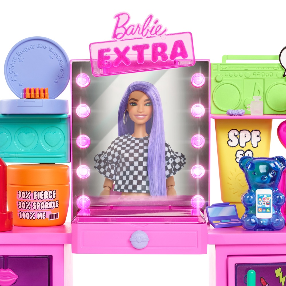 Barbie Extra Puppe und Schminktisch-Spielset mit 45 Accessoires