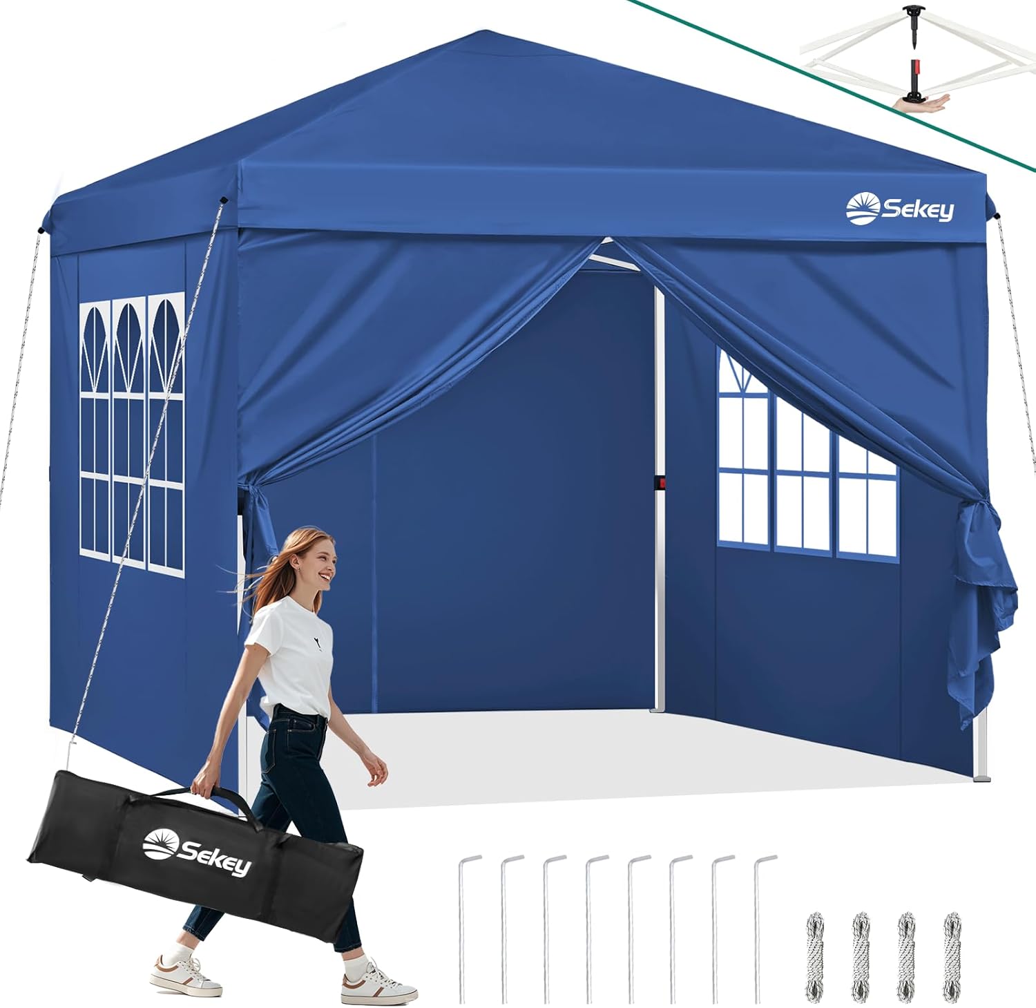 Sekey Pop Up Pavillon 3x3 Wasserdicht Stabil Winterfest, Faltpavillon 3 x 3 m, Camping Pavillion Faltbar Partyzelt mit Seitenwänden, Höhe Verstellbar in 3 Stufen, (Navy, Höhe 260)