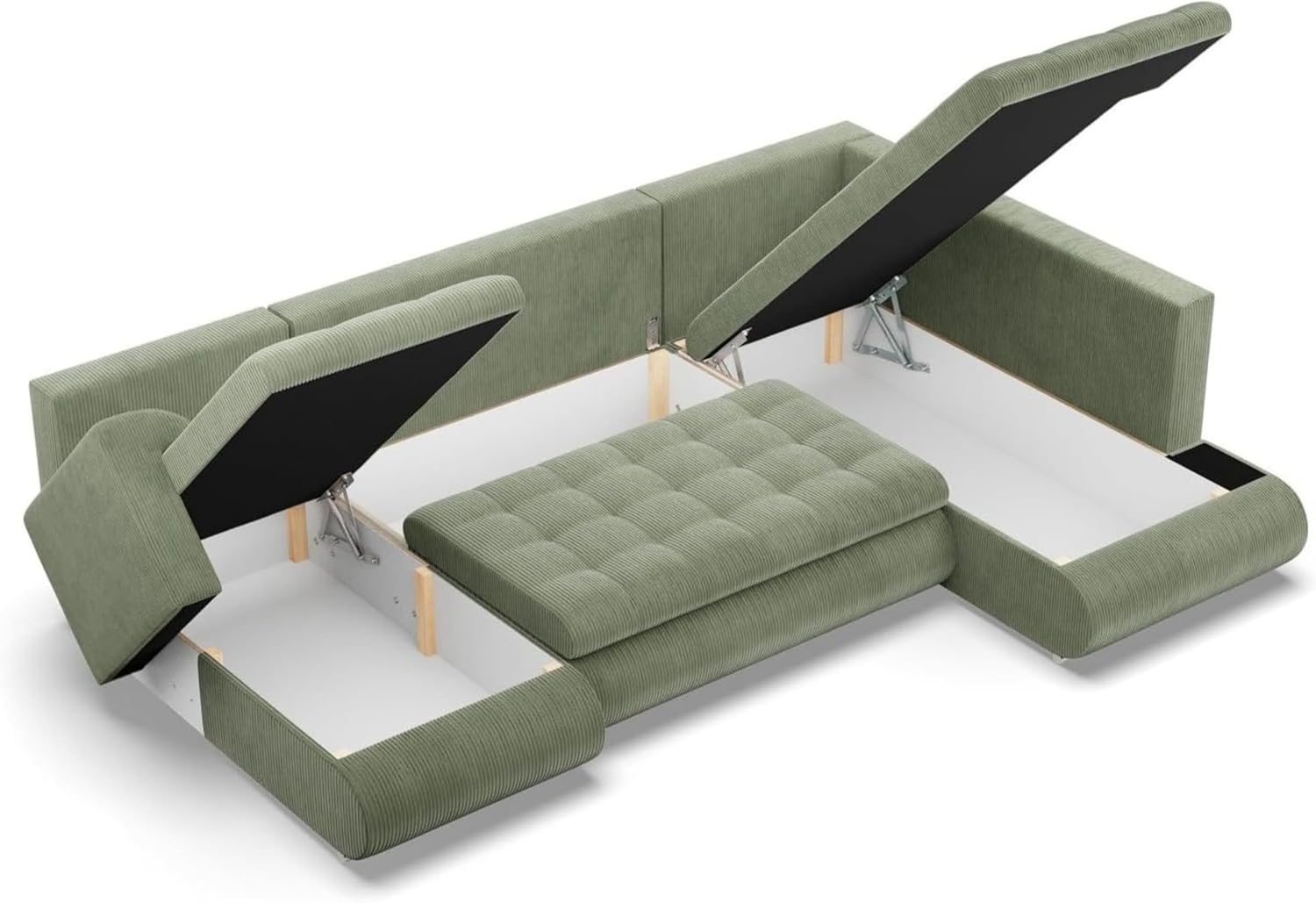Mebligo - Ecksofa mit Schlaffunktion und 3 Bettkasten FORESTA 300x89x200 (BxHxT) Cord - Grün - Ottomane Rechts Eckcouch, Couch U Form, Sofa Wohnzimmer, Sofas & Couches, Eckschlafsofa