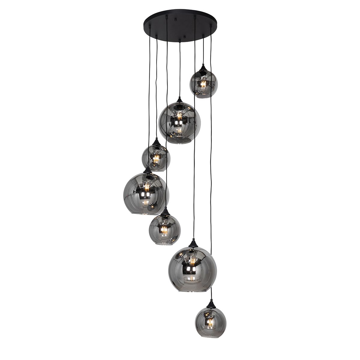 Art deco hanglamp zwart met smoke glas rond 7-lichts - Sandra