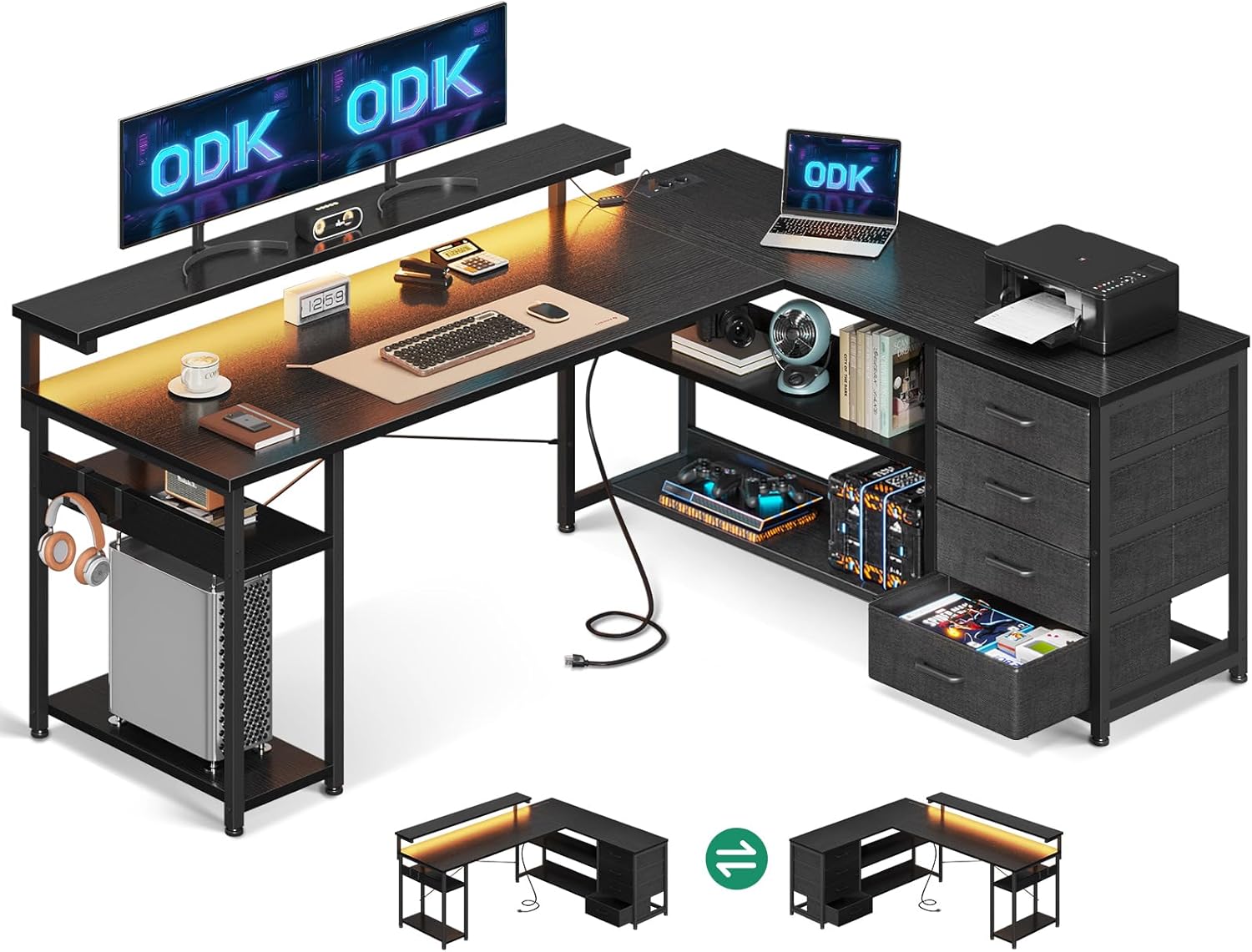 ODK Schreibtisch mit Schubladen, 155×110cm Reversible Eckschreibtisch mit 2 Steckdosen und 2 USB Ladeanschluss, Bürotisch L Form mit LED für Home Office, Schwarz
