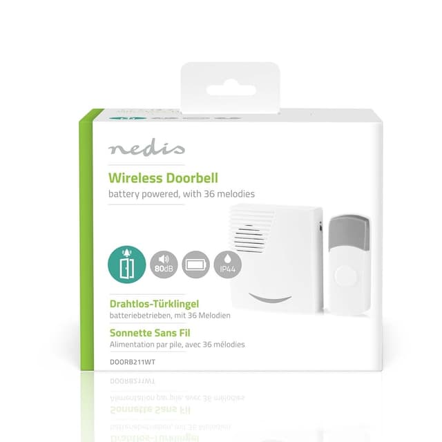 Nedis Trådløst Dørklokke Sæt | Batteri | 3 V DC | 1x CR2032 | Volume: 80 dB | Signalområde: 300 m | IP44 | 36 Melodier | 1 Modtager | Grå / Hvid