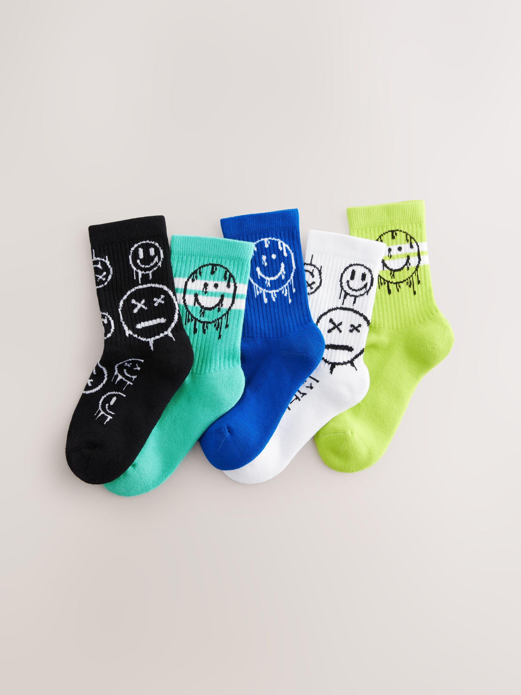Blauw/groen met graffiti-smile - Set van 5 paar geribbelde sokken met verzacht voetbed, katoengehalte en gekleurde boorden