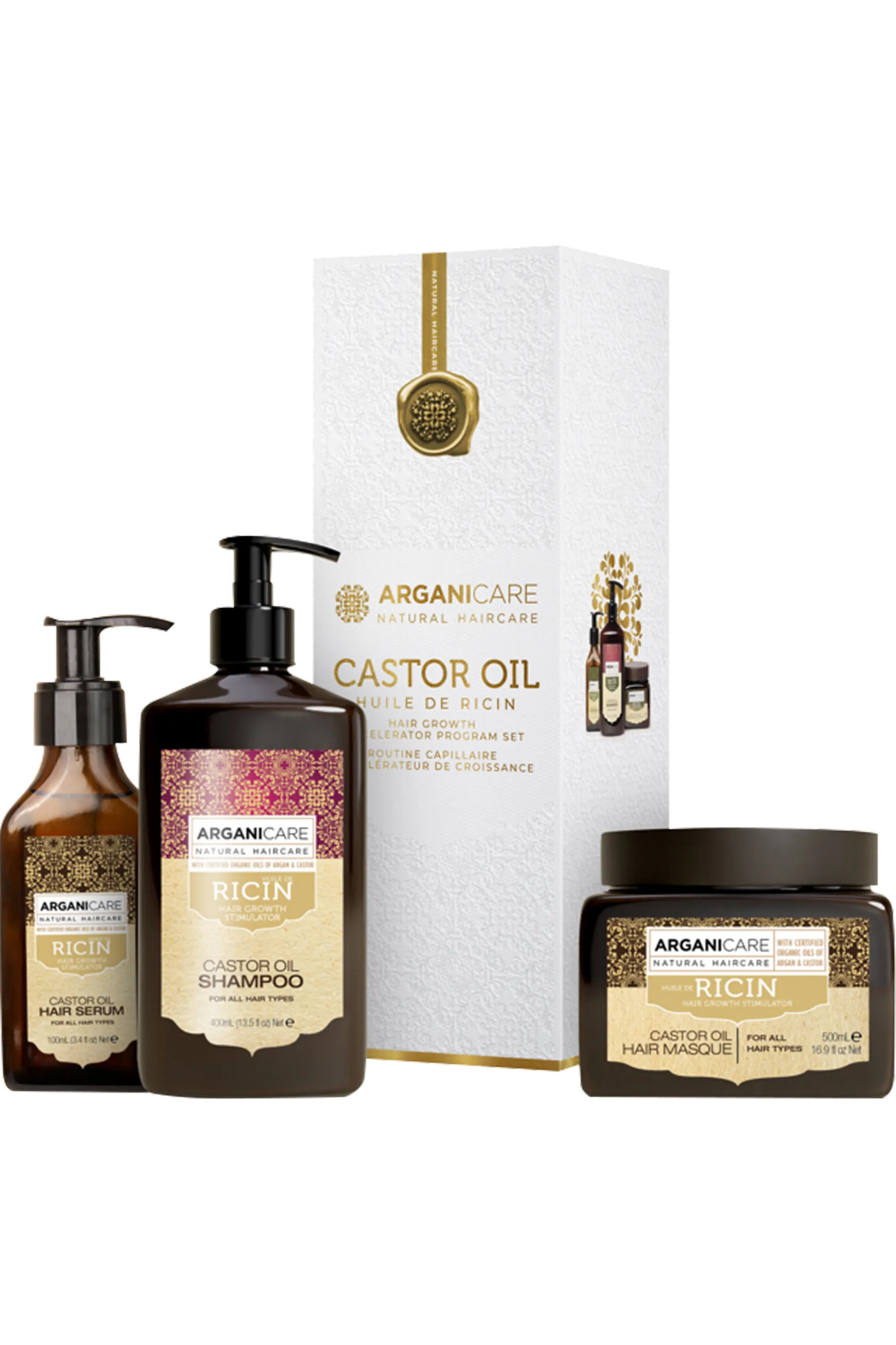 Arganicare Trio shampoing, masque et sérum accélérateur de croissance à l’huile de ricin-1000 ml