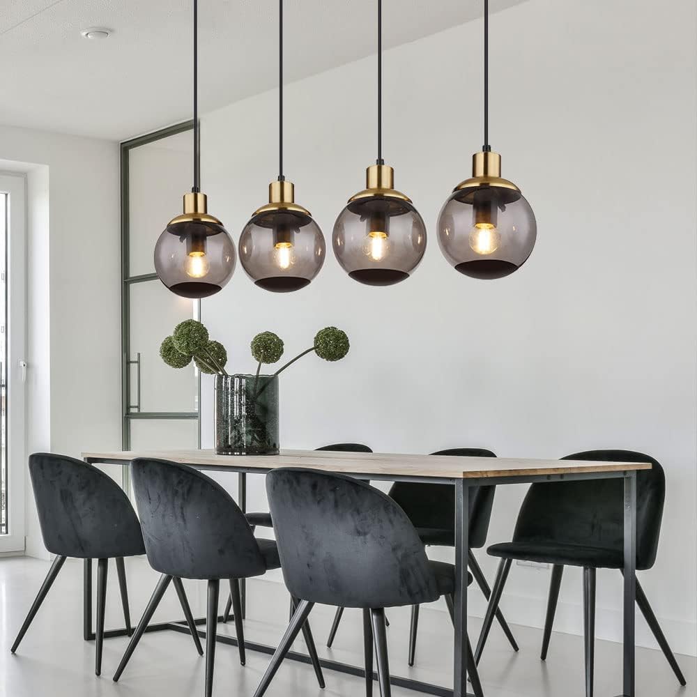 Hängelampe Glas modern Pendelleuchte Rauchglas Hängeleuchte schwarz, 4 flammig Metall Glaskugeln messing Retro, 4x E27 Fassungen, LxBxH 75x15x110cm