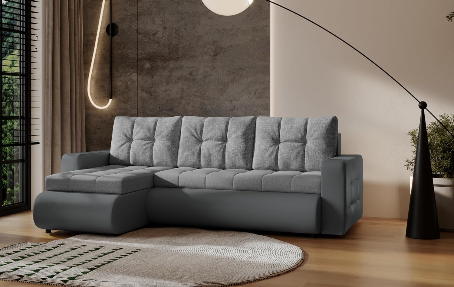 Fabio Ecksofa mit Schlaffunktion und Bettkasten - Sofa mit 3 Sitzen Überzug - Schlafcouch L-Form Universal - Modern Couch - 226x143x83 cm - Grau-Grau