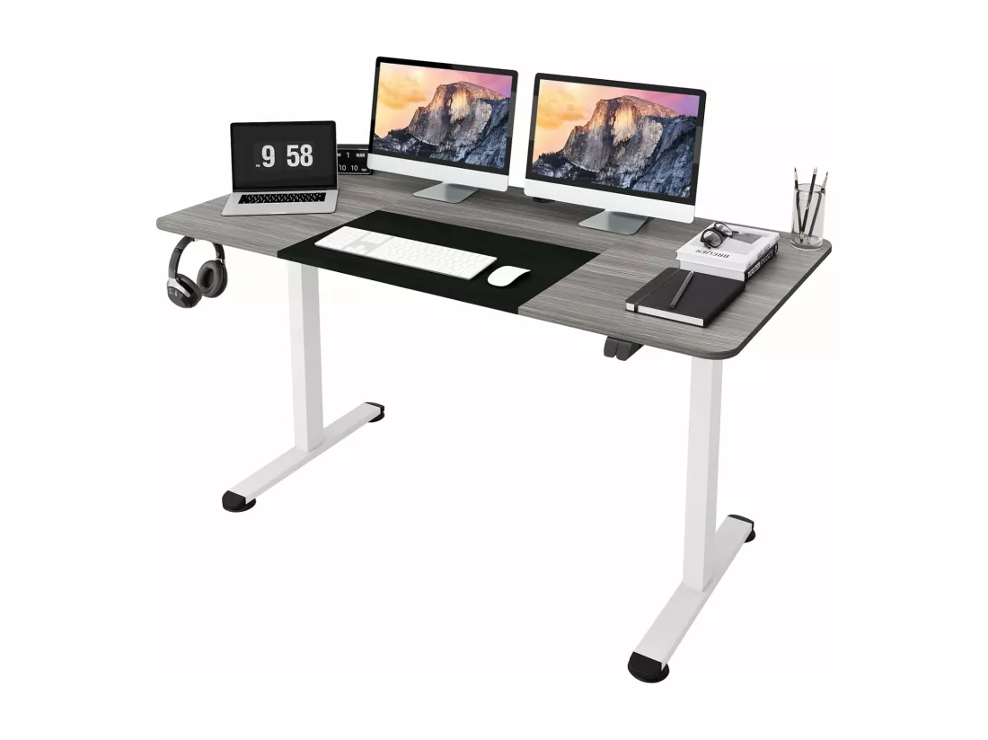Bureau Assis Debout 70 x 140 cm, Bureau Électrique Réglable en Hauteur avec Mono-Moteur et Panneau à 2 Boutons, Table Réglable Hauteur, Support de Câble, Crochet (Gris Foncé)