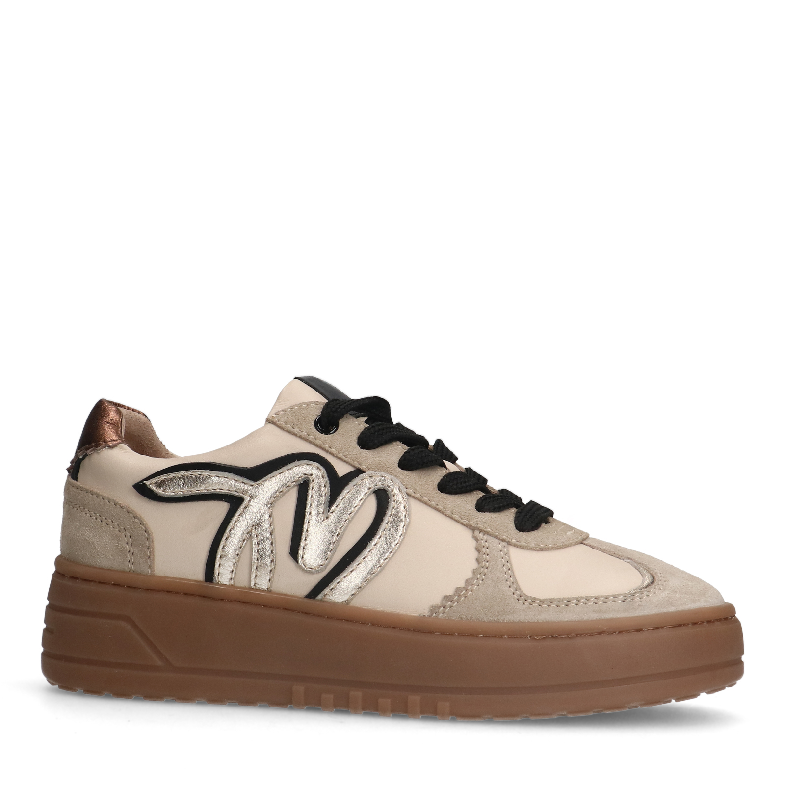 Beige leren sneakers met gouden details