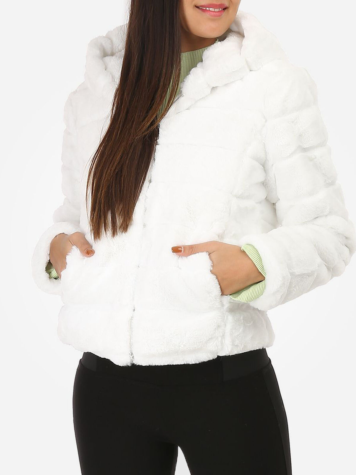 Manteau court à fausse fourrure et capuche- Blanc