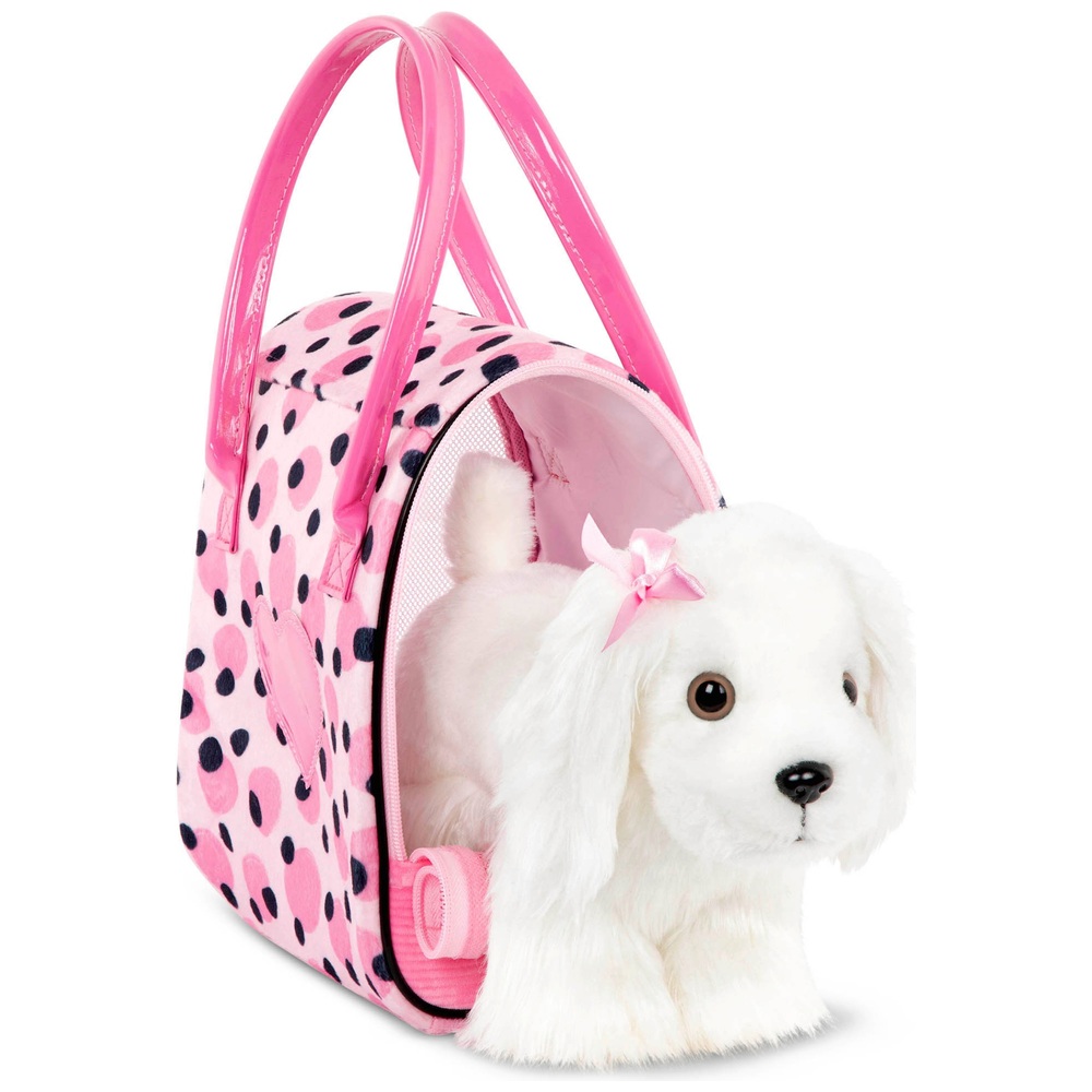 Pucci Pups Malteserwelpe in einer rosa gepunkteten Tasche