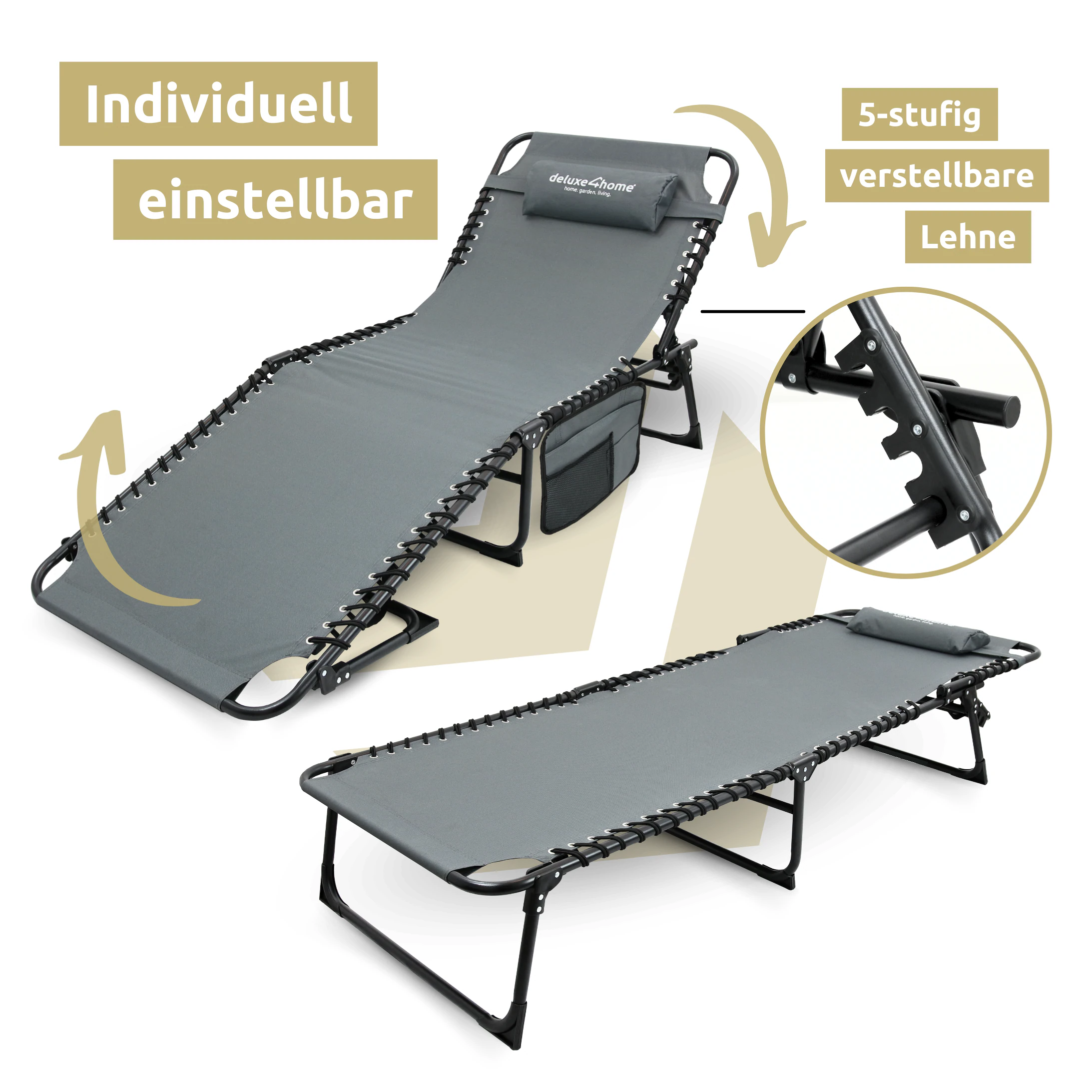 deluxe4home® Sonnenliege Gartenliege Camping klappbar 4-Stufig Verstellbarer Rückenlehne