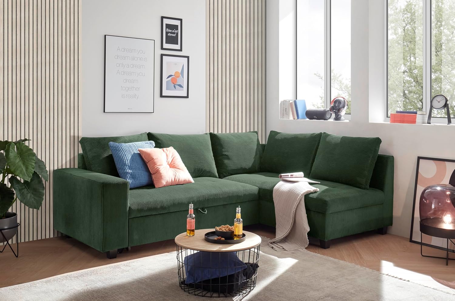 Ecksofa L-Form aus Cordstoff mit Schlaffunktion, grün (Wintermoss) – Liegefläche 147 × 207 cm, Breite 243 cm, Sitzhöhe 45 cm, Modell MIRA