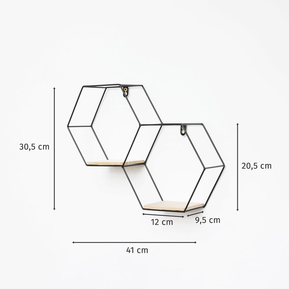 Dubbele zeshoekige metalen wandplank - 30,5 x 41 cm - Zwart