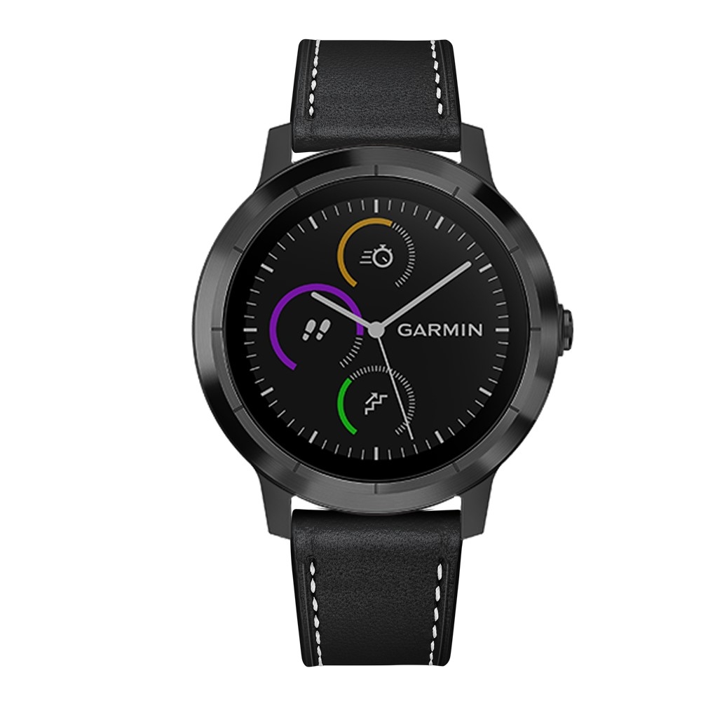 (Gr. M) Garmin Vivoactive 5 / 3 / Vivomove HR / Forerunner 645 Music Echtleder Ersatz Armband mit Dornschliesse (Gelenkumfang 160-220 mm) - Schwarz